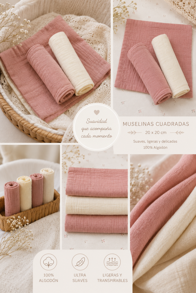 Muselinas de algodón Pack 3 und Extra suaves Colores rosas empolvados